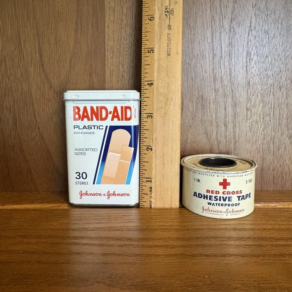 Vintage Johnson & Johnson Band Aid Plastic Bandages & Adhesive Tape Metal Tins